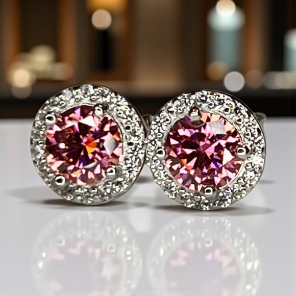 Sparkling One Carat Pink Moissanite Earrings Handcrafted Sterling Silver 925 - Picture 1 of 8